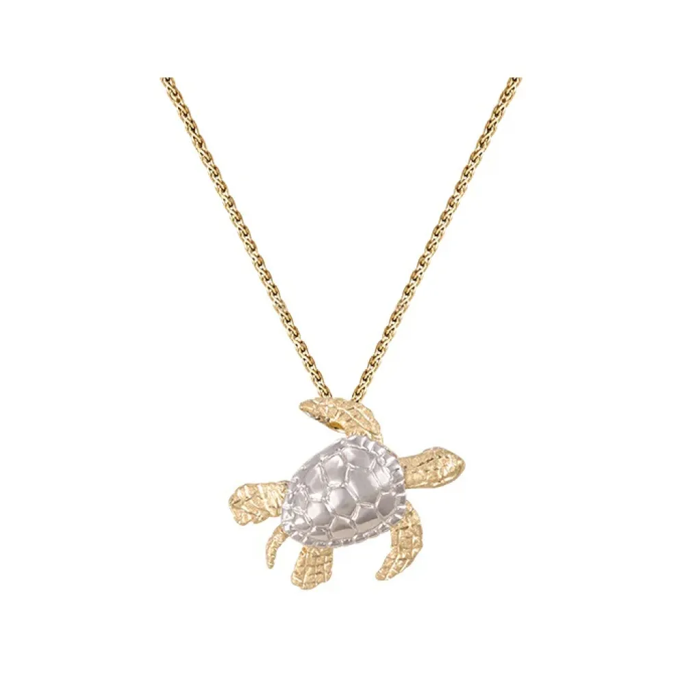 14K 2/Tone 20Mm Sea Turtle Pendant With 2 Diamonds
