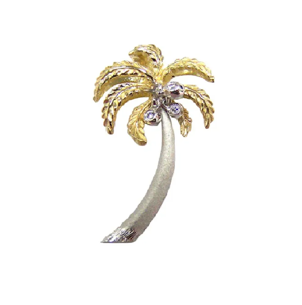 14K 2/Tone 30Mm Single Palm Tree Pendant With 3 Diamonds
