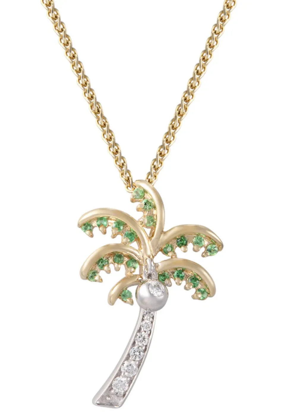 14K 2/Tone 20Mm Single Palm Tree Pendant With 8 Diamonds And 20 Tsavorites