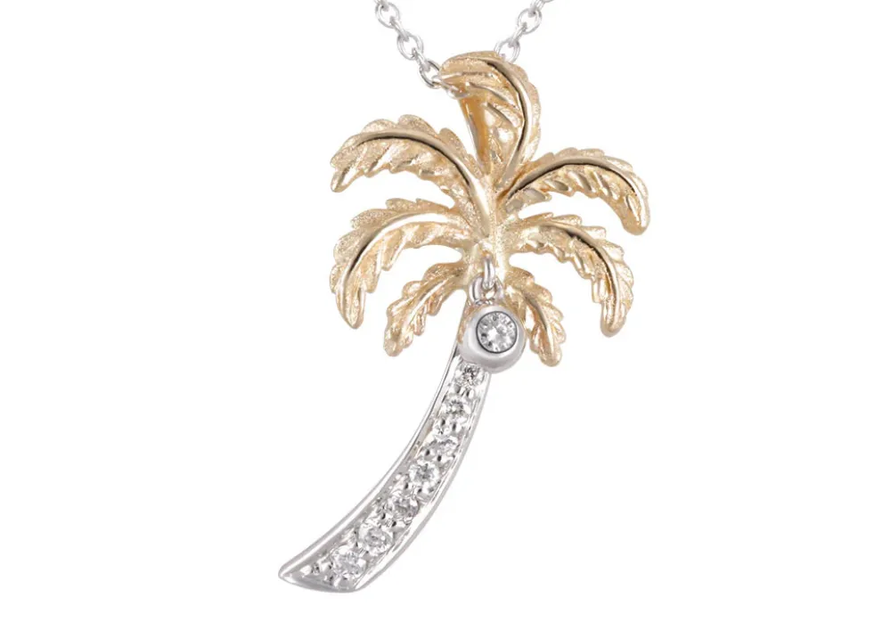 14K 2/Tone 20Mm Single Palm Tree Pendant With 9 Diamonds
