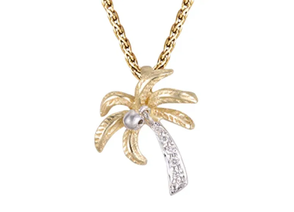 14K 2/Tone 15Mm Single Palm Tree Pendant With 5 Diamonds