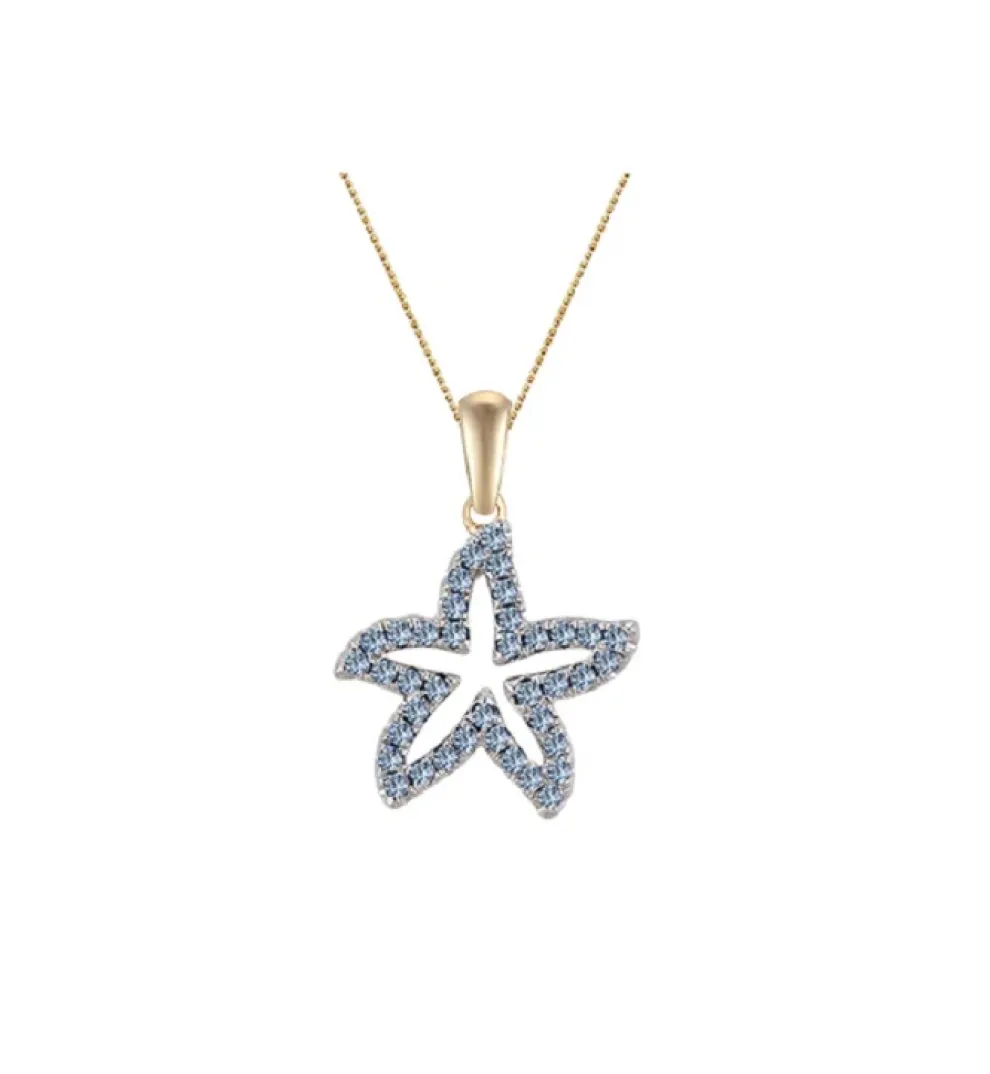 14K 2/Tone 15Mm Starfish Pendant With 39 Pastel Blue Sapphires