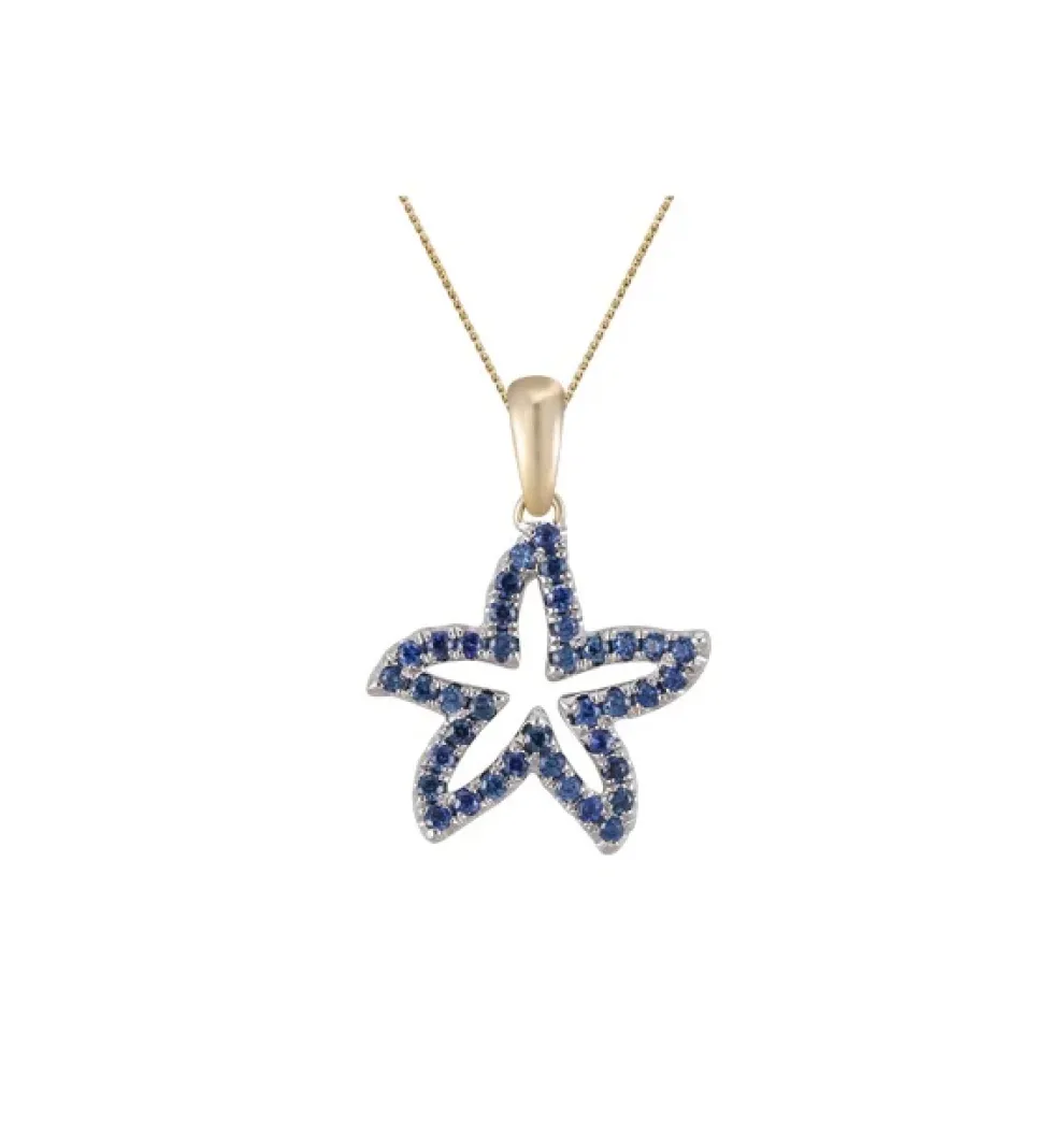 14K 2/Tone 15Mm Starfish Pendant With 39 Blue Sapphires