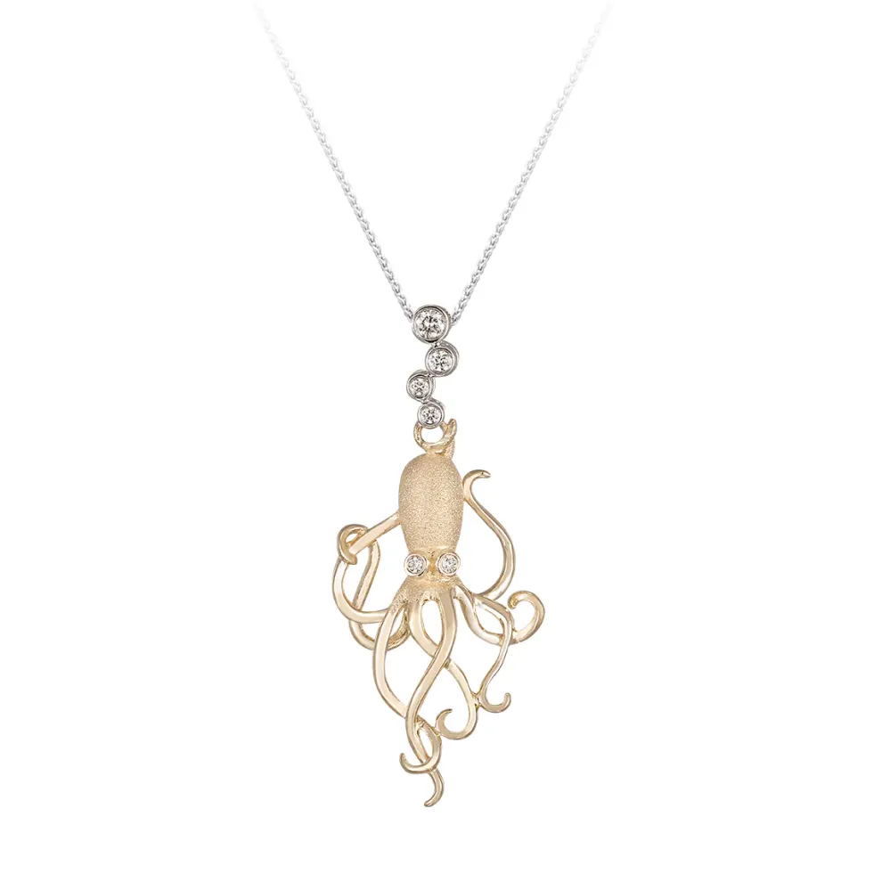 14K 2/Tone Octopus Pendant With 6 Diamonds