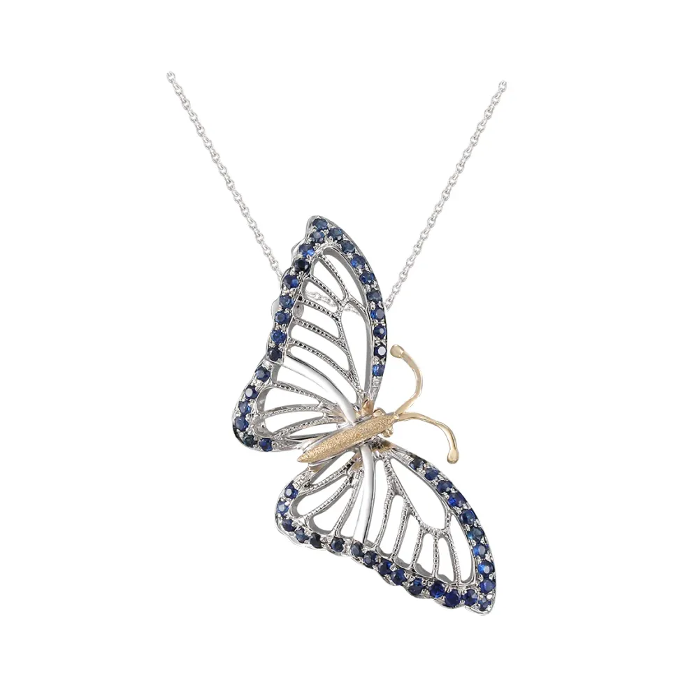 14K 2/Tone Single Butterfly (Blue Morpho) Pendant With 48 Blue Sapphires