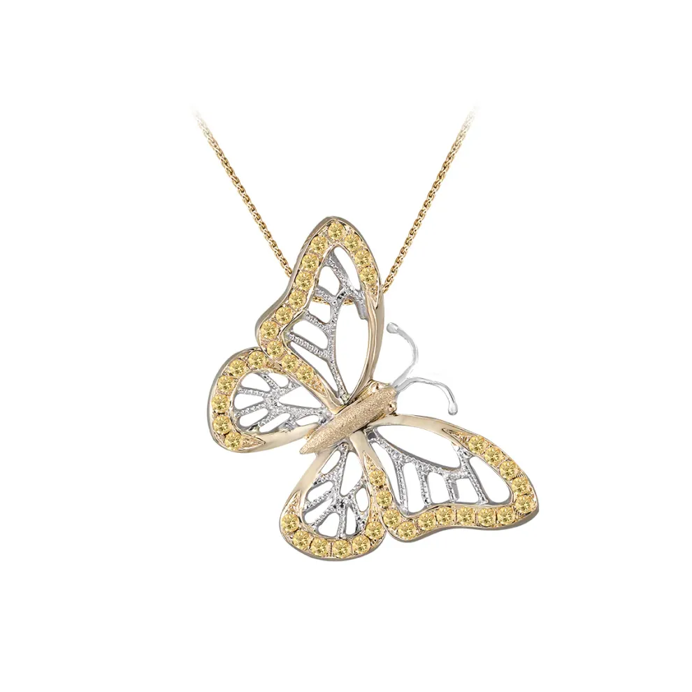 14K 2/Tone Single Butterfly Pendant With 40 Yellow Sapphires
