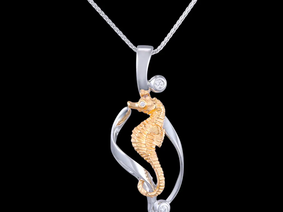 14K 2/Tone Single Sea Horse Pendant With 3 Diamonds