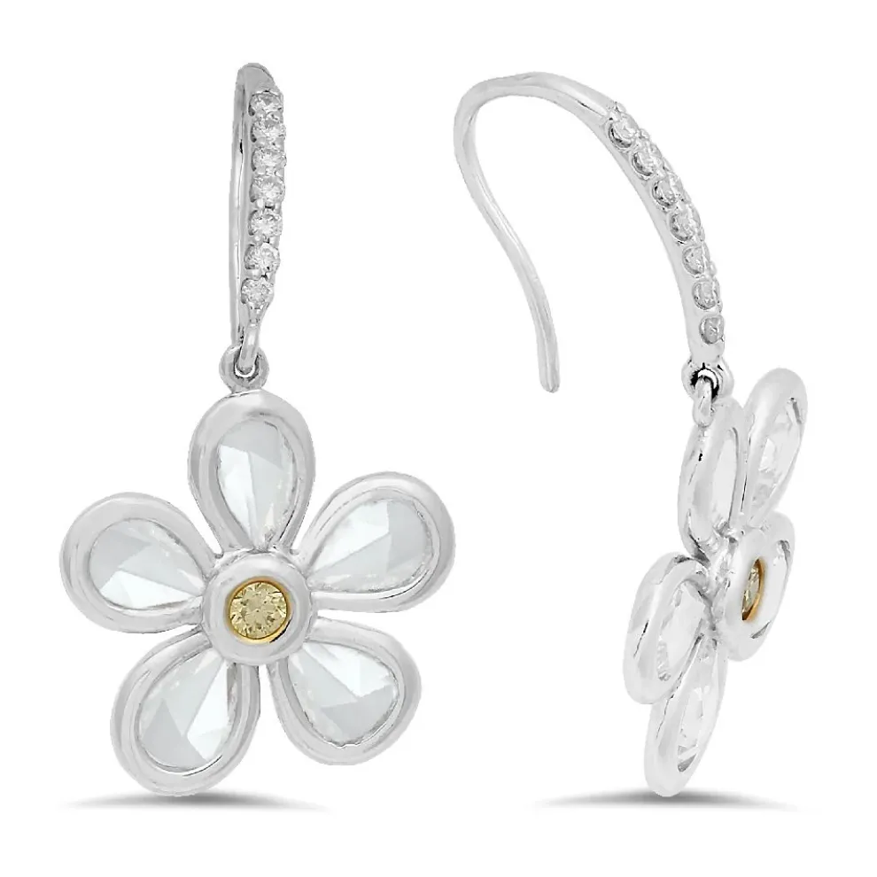 18K White Gold Earrings With 0.12Ct Diamonds And 2Pcs Total 0.13Ct Yellow Diamonds And 10Pcs Total 2.64Ct Rose Cut Diamonds