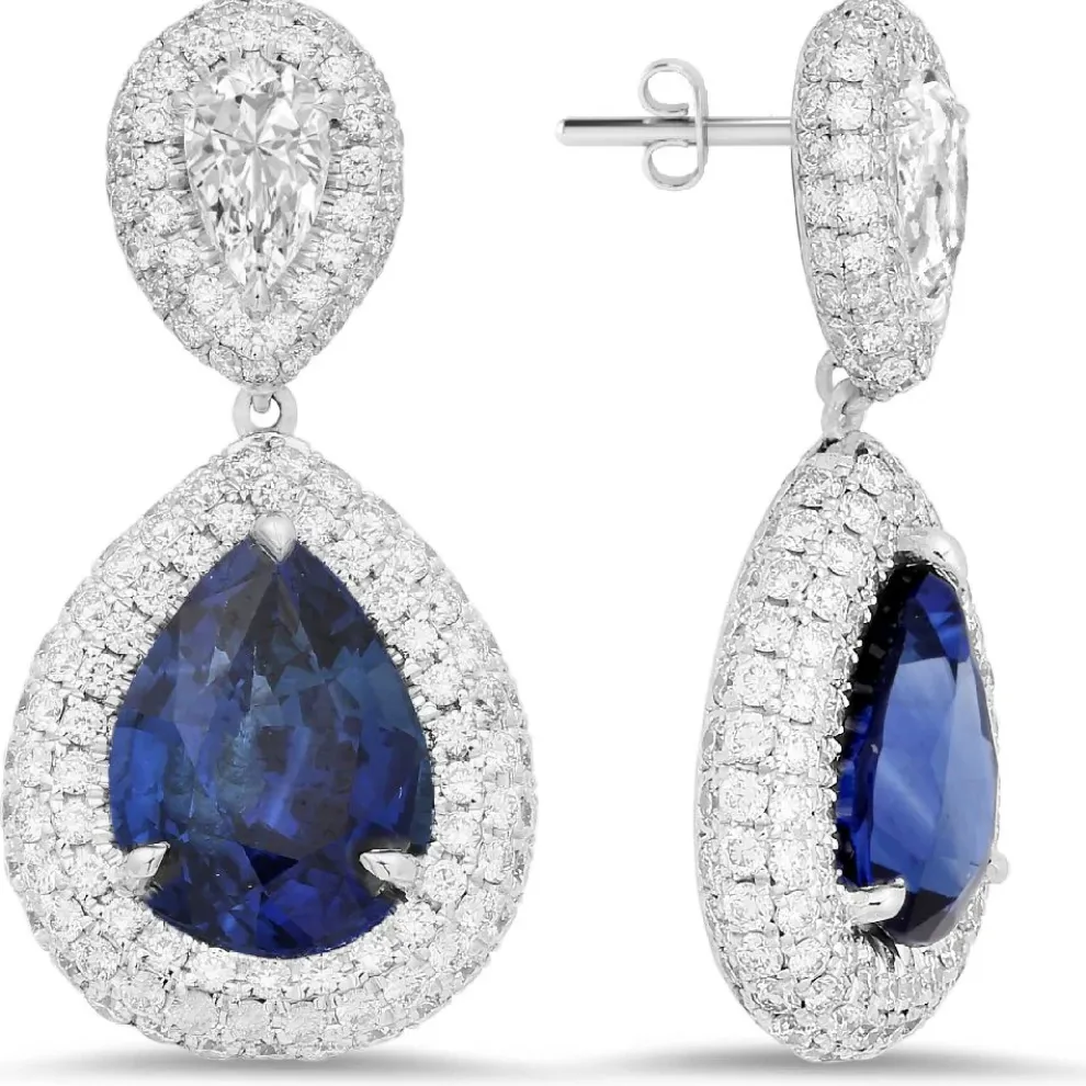 18K White Gold Earrings With 340 Pcs 2.04 Ct Diamonds And 2 Pcs Sapphire 2.93Ct And 3.06Ct Sapphire