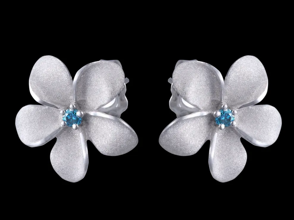 14K White Gold 13Mm Plumeria Earring With Blue Diamond
