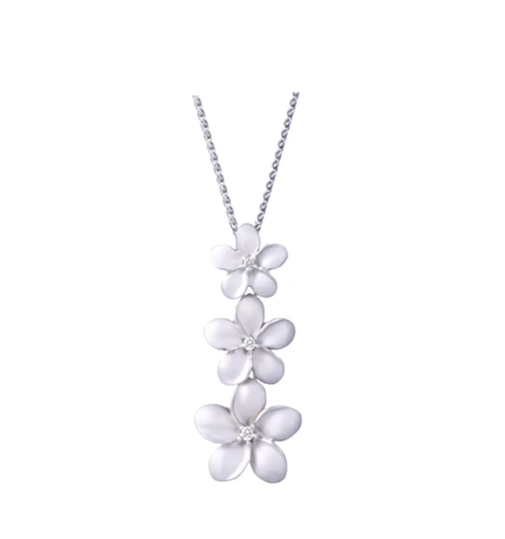 14K White Gold Plumeria Lei Slide Pendant With 3 Diamonds