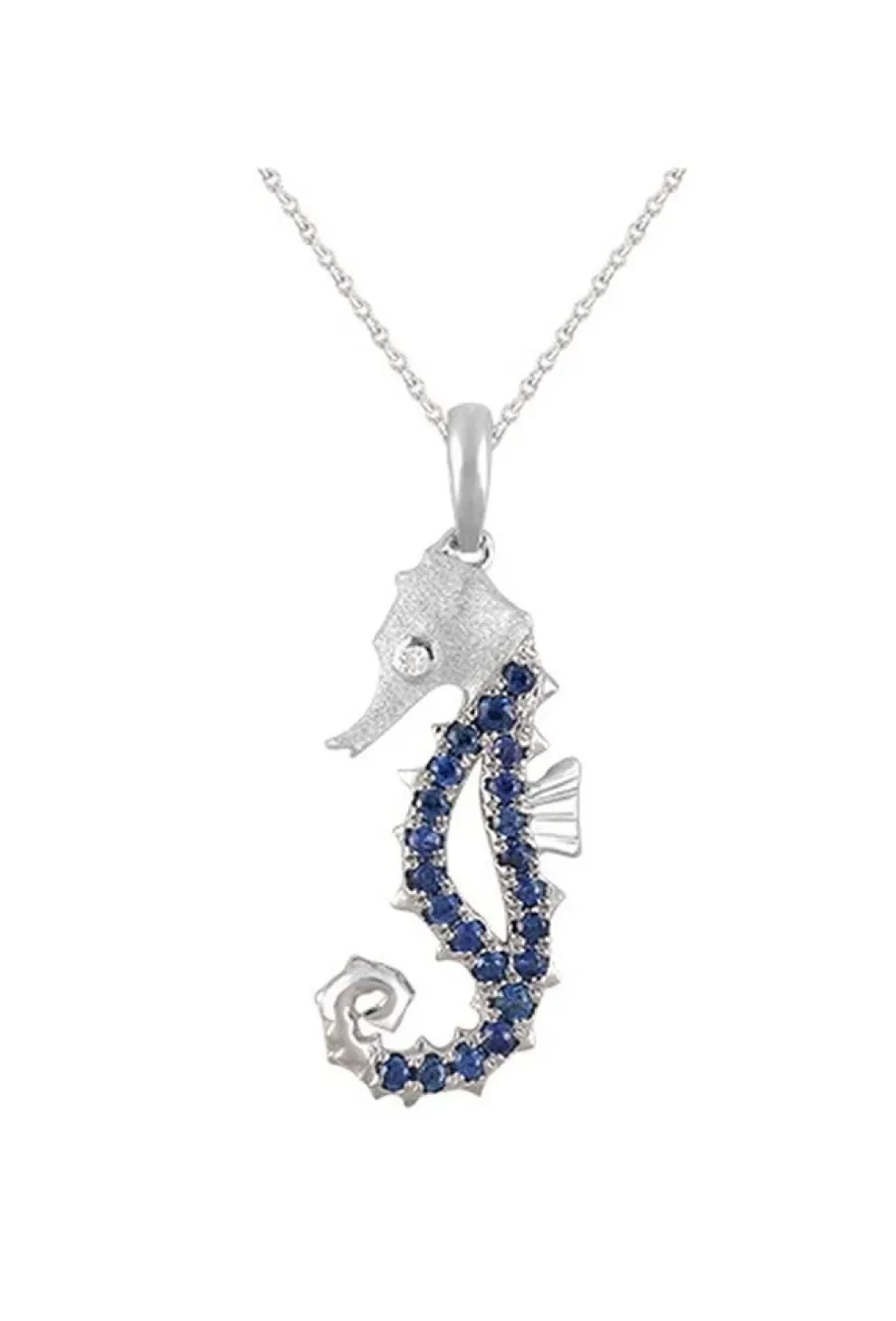 14K White Gold Single Sea Horse Pendant With Diamond And 22 Blue Sapphires