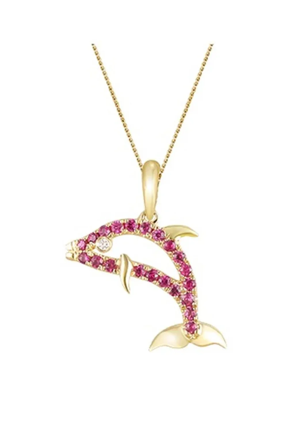14K Yellow Gold Dolphin Pendant With Diamond And Hot Pink Sapphires