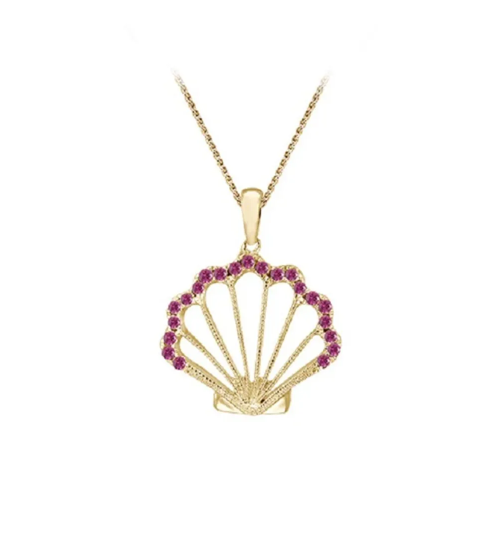 14K Yellow Gold Shell Pendant With 21 Hot Pink Sapphires