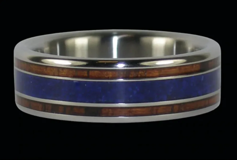 Koa Wood Titanium Ring With Lapis Inlay