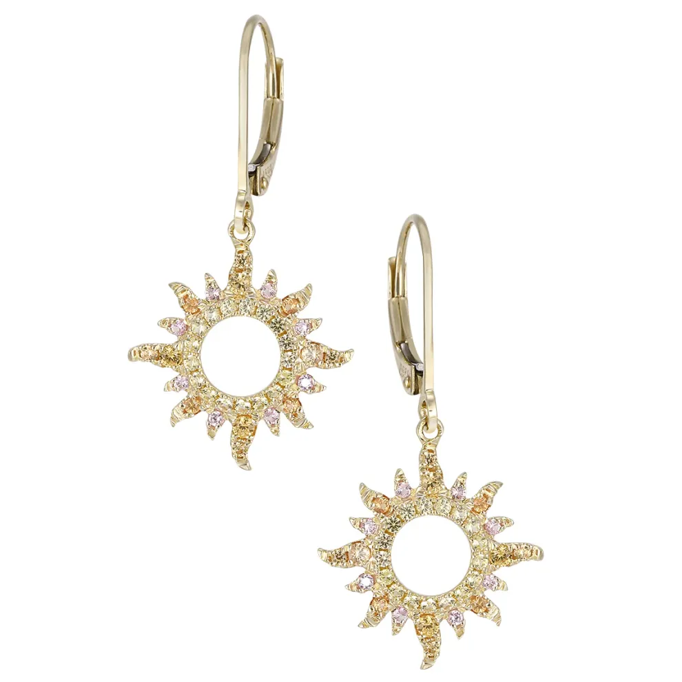 14Ky "Sunburst" Leverback Earrings With 74 Colored Sapphires