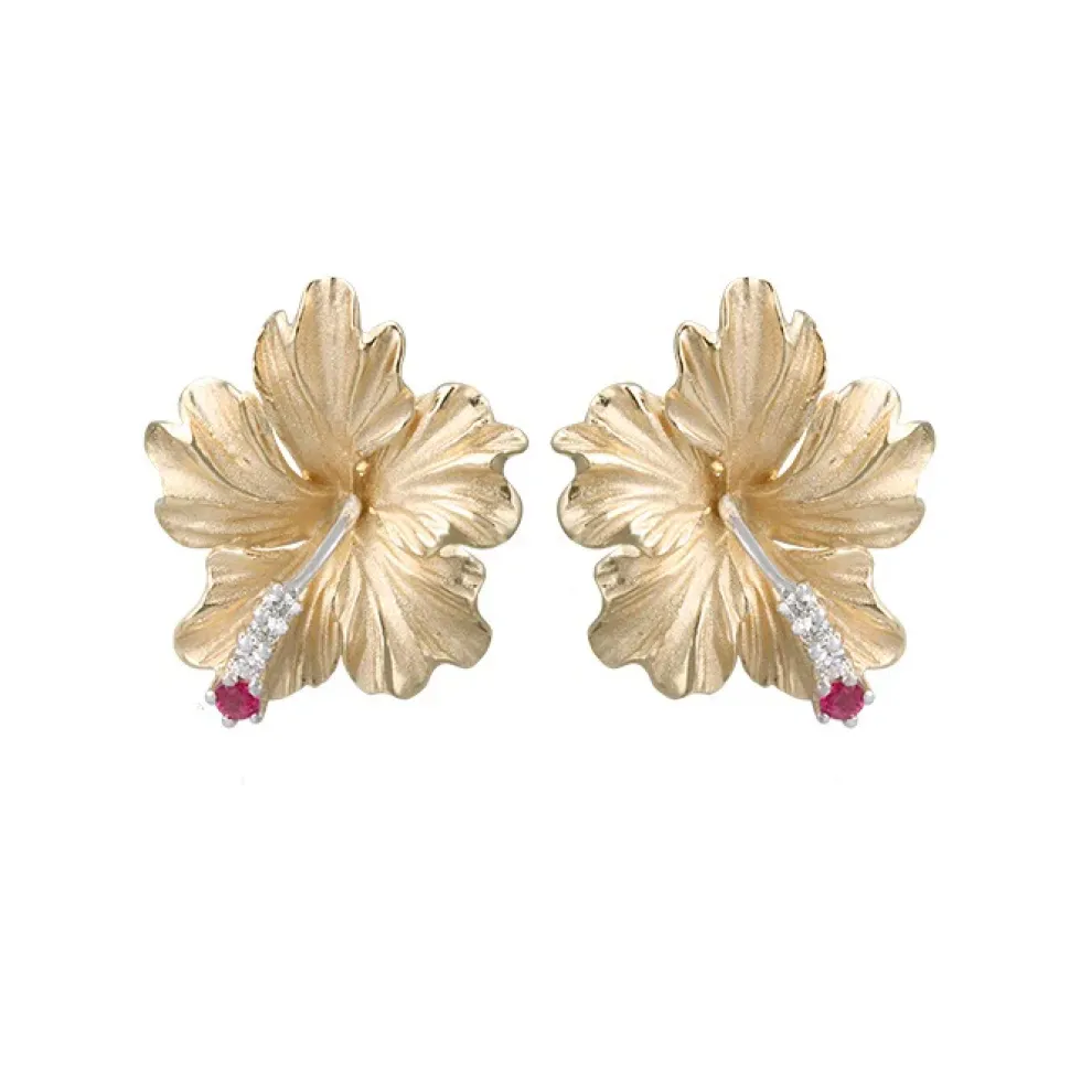 20Mm 14K Hibiscus Earring With 6 Diamonds And 2 Rubies