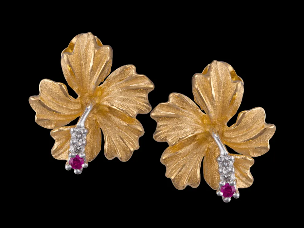 13Mm 14K Hibiscus Earrings With 4 Diamonds And 2 Rubies