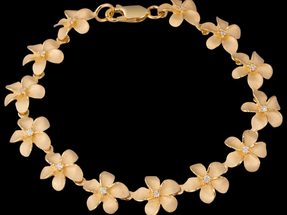11Mm 14K Plumeria Bracelet With 13 Diamonds And 13 Flowers