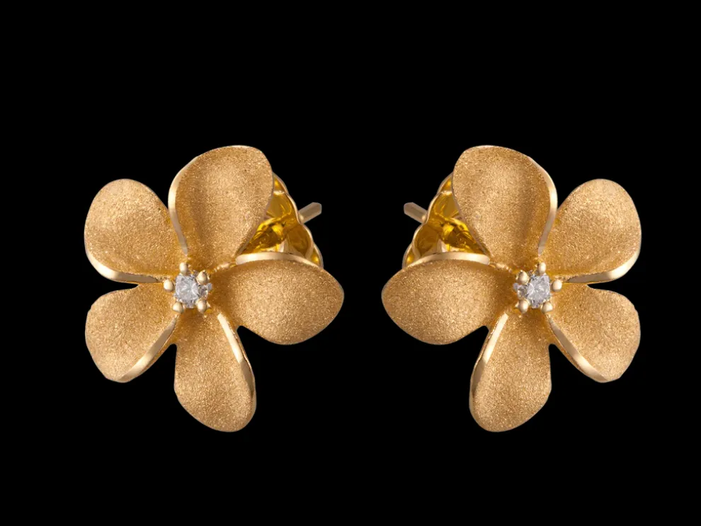 13Mm 14K Plumeria Earrings With 2 Diamonds