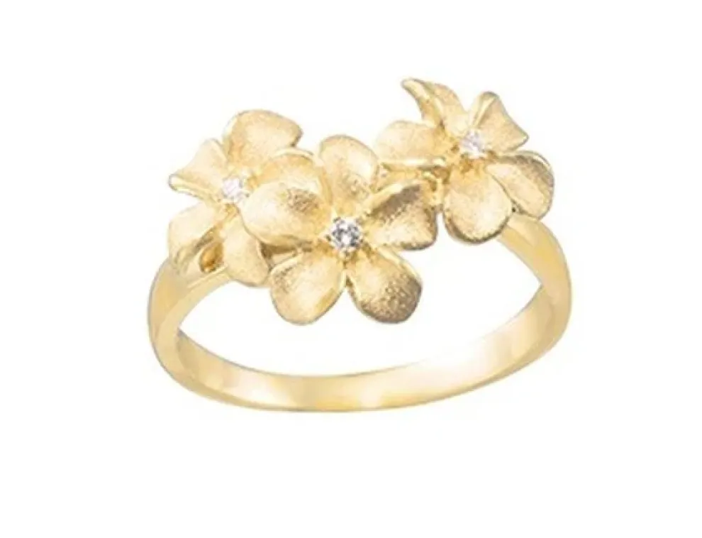 8Mm 14K Plumeria Ring With 3 Diamonds