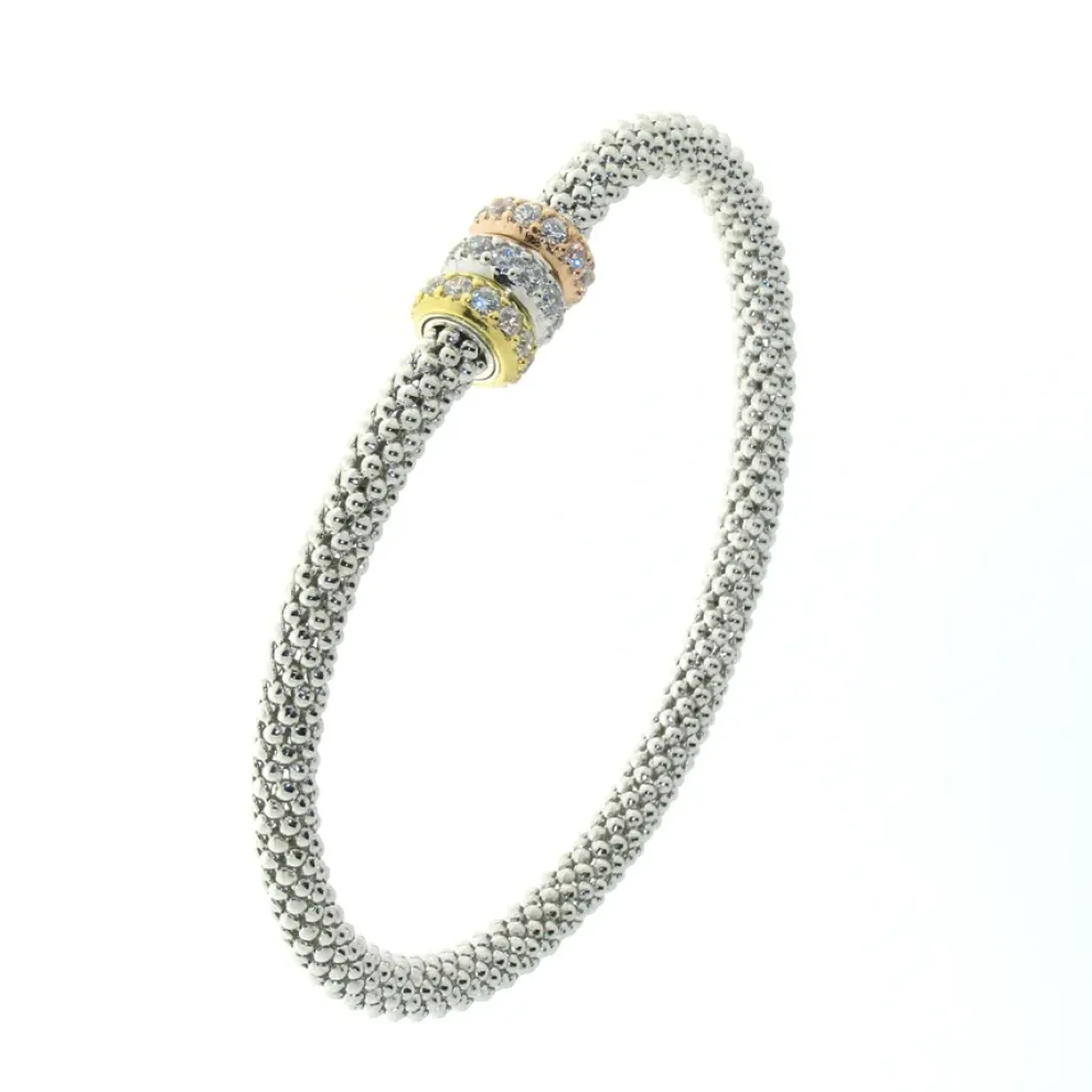 Sterling Silver Tri-Colored (Rose, White And Yellow) Cubic Zirconia Flexible Bangle